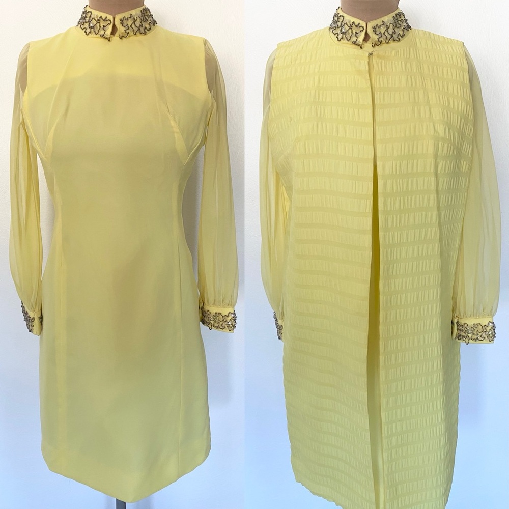 Vintage 60s Evening Dress and Duster *Large* YELLOW Sheer Sleeve Sheath Dress